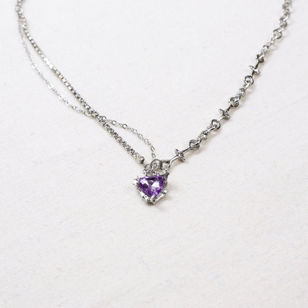 Purple stone heart silver necklace y2k